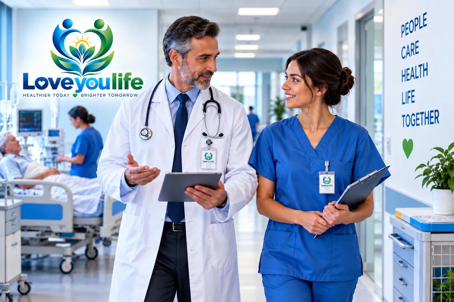 A doctor and a nurse talking in a hospital corridor