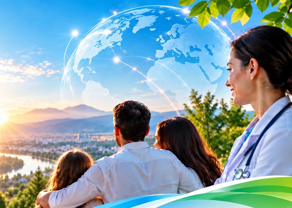 A family and a doctor looking out over a sunny landscape