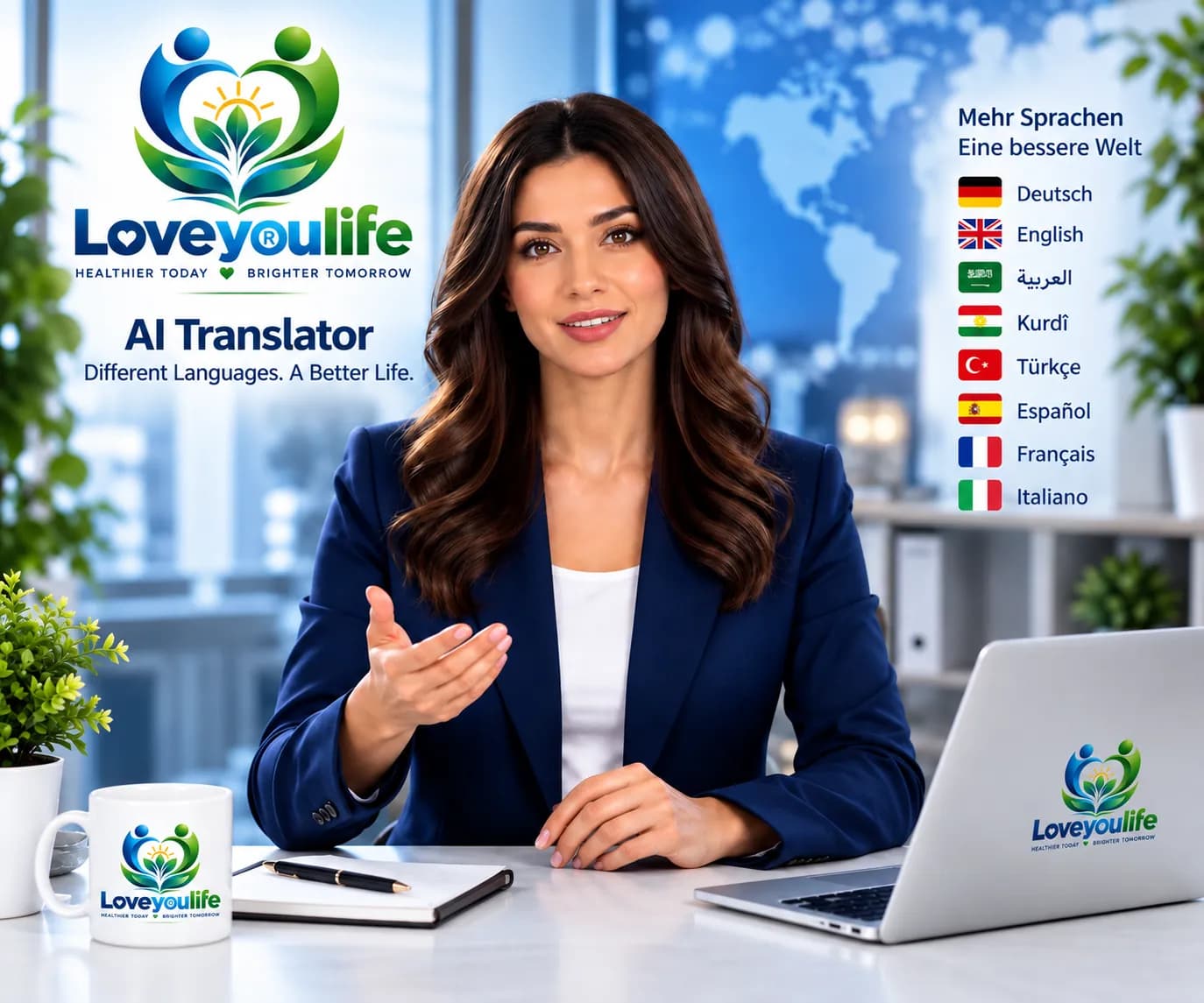 Love your life AI interpreter at a laptop, next to a board showing languages