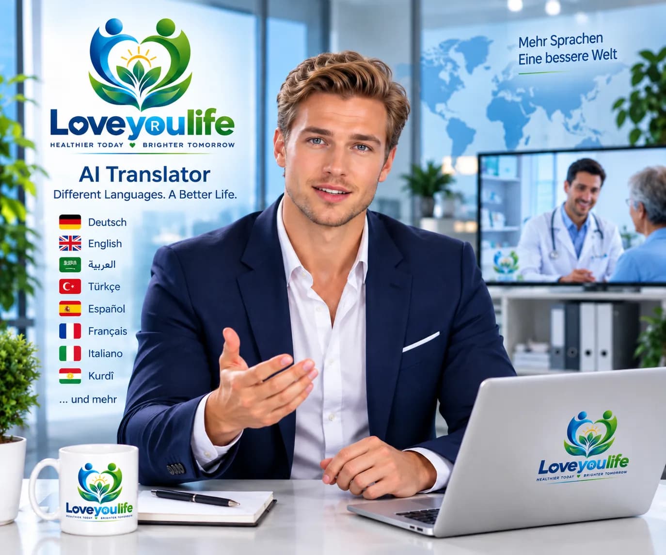 Love your life AI interpreter at a laptop, next to a board showing languages