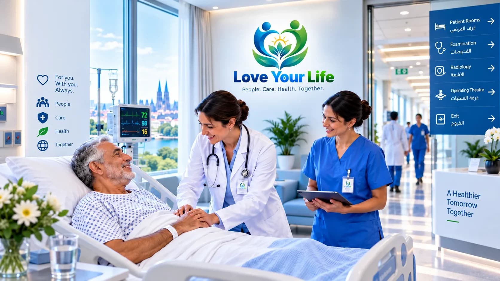 A doctor and a nurse on a ward round at a patient's bedside