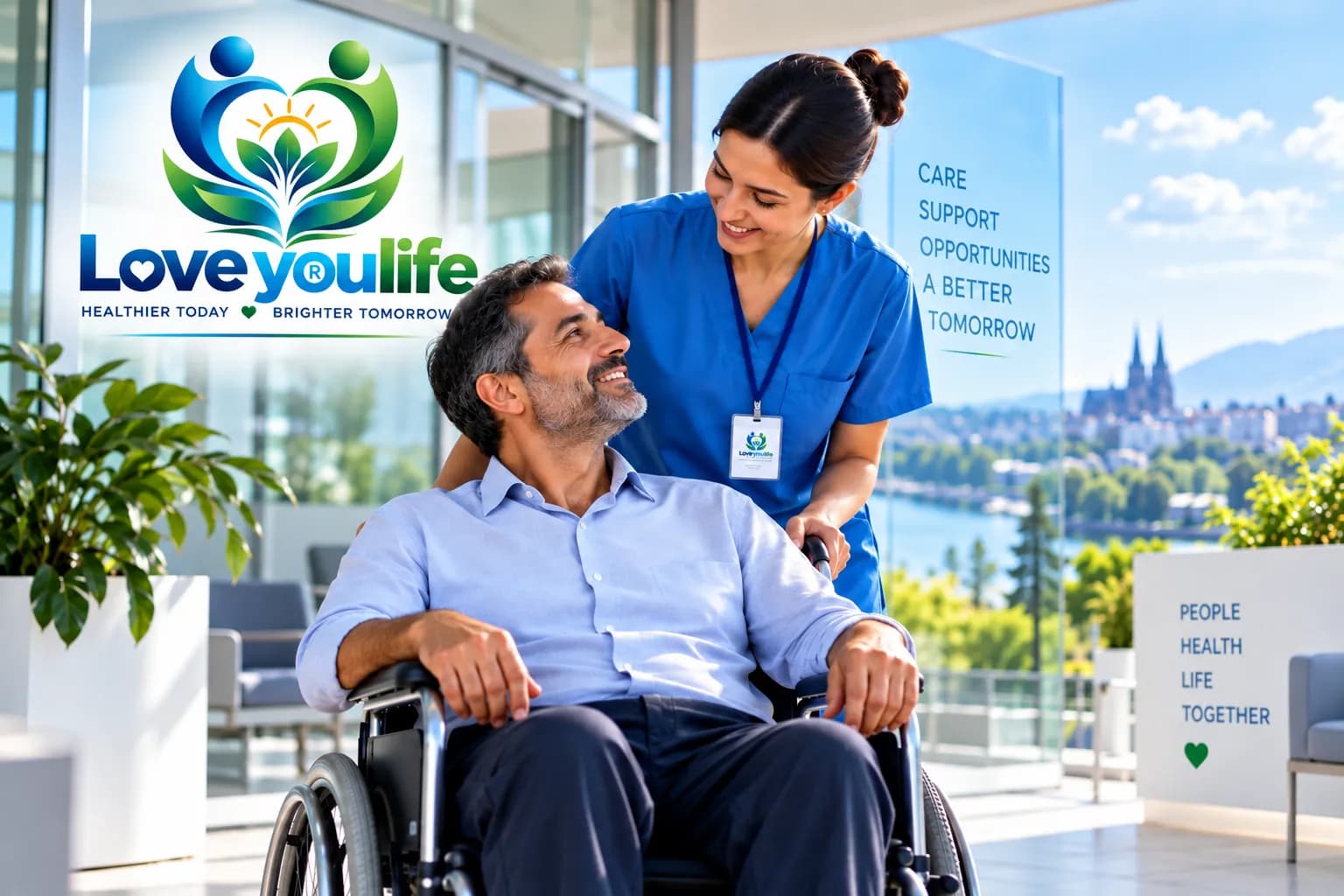 Nurse accompanying a patient in a wheelchair