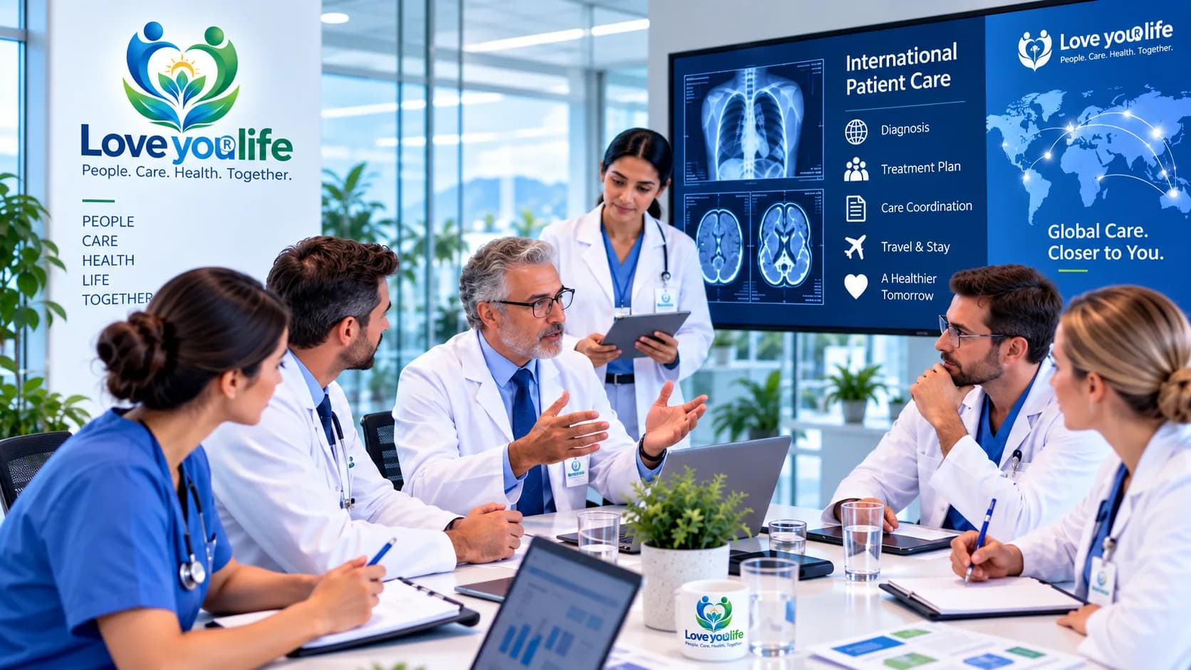 Physicians and nurses discussing a case at a conference table