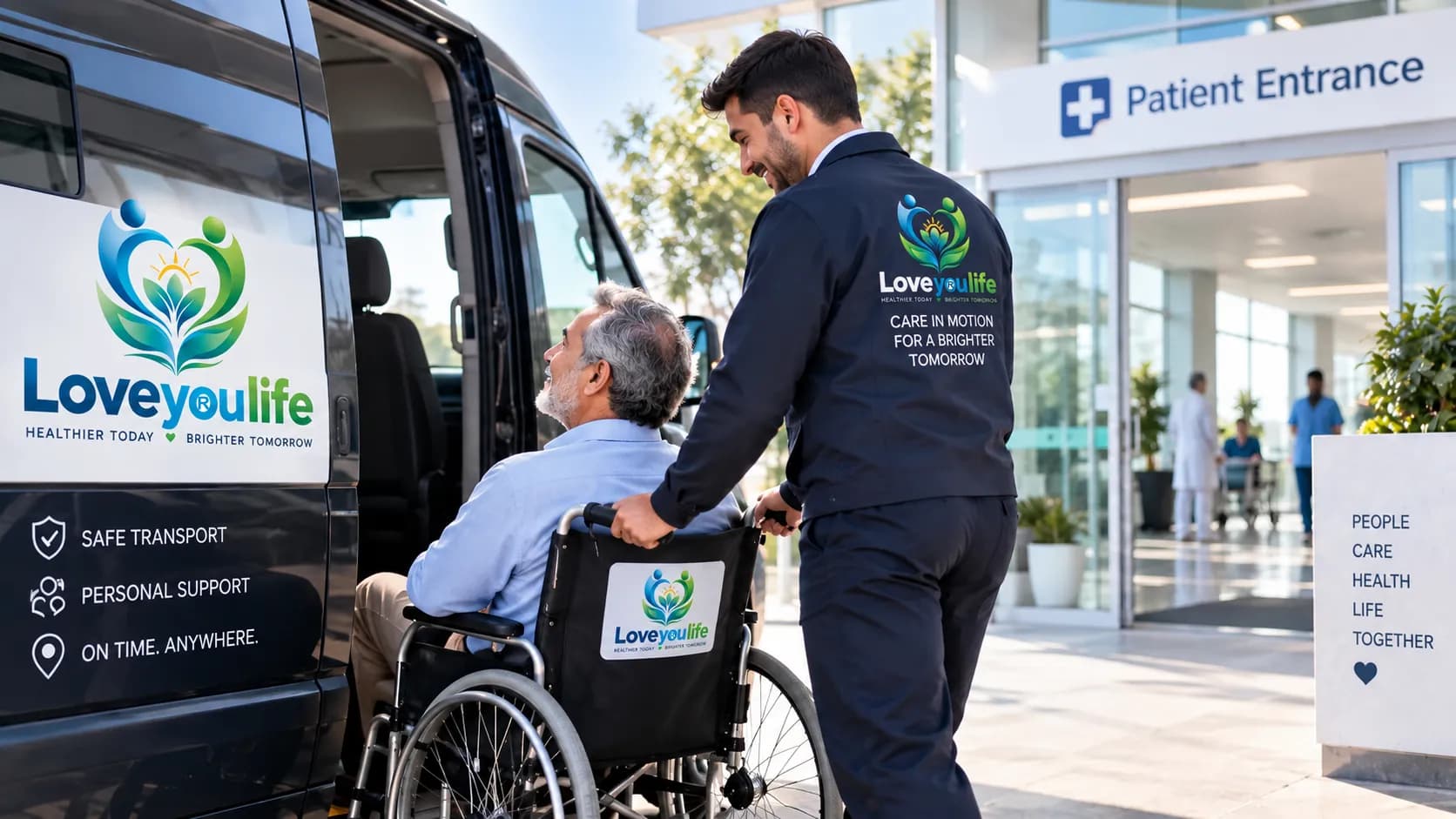Driver helping a patient in a wheelchair at a van in front of the hospital entrance