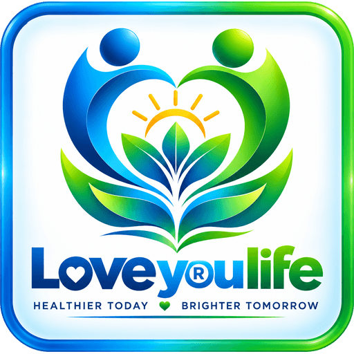 Icona quadrata dell'app Love your life: il logo con il cuore formato da due figure, pianta e sole su sfondo bianco con cornice blu-verde