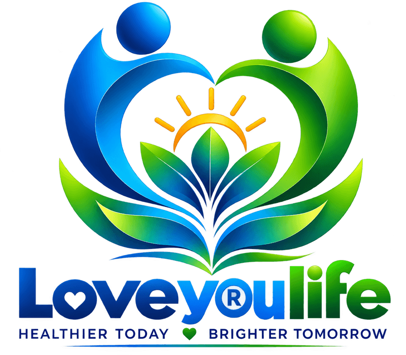 Logo di Love your life: due figure in blu e verde formano un cuore attorno a una pianta con il sole nascente; sotto la scritta «Love your life» e l'aggiunta «Healthier today · Brighter tomorrow»